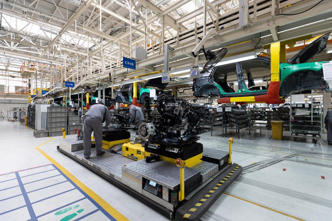 Automotive assembly line in a factory. Workers in gray uniforms are assembling parts and components onto car chassis on a production line. Overhead cranes and various machinery are visible, with partially built cars suspended above. The environment is industrial and organized.