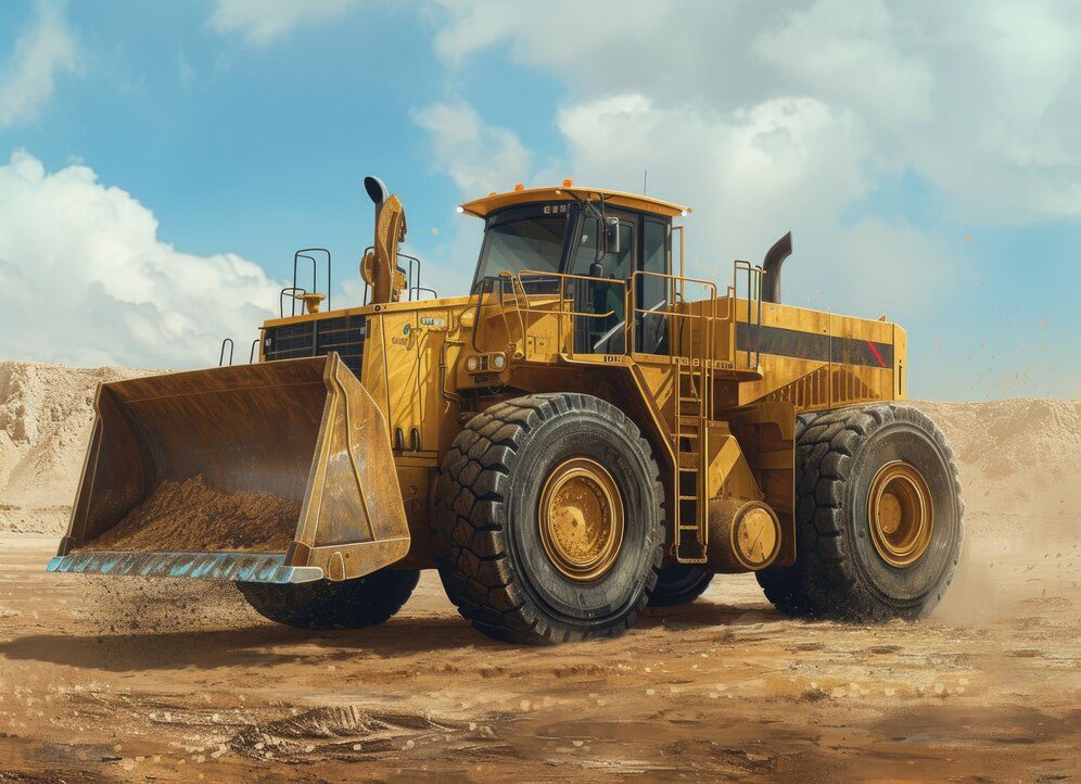 A large yellow bulldozer with a front loader attachment is moving dirt on a sunny day. The bulldozer is situated in a sandy, barren landscape with a blue sky and scattered clouds in the background.